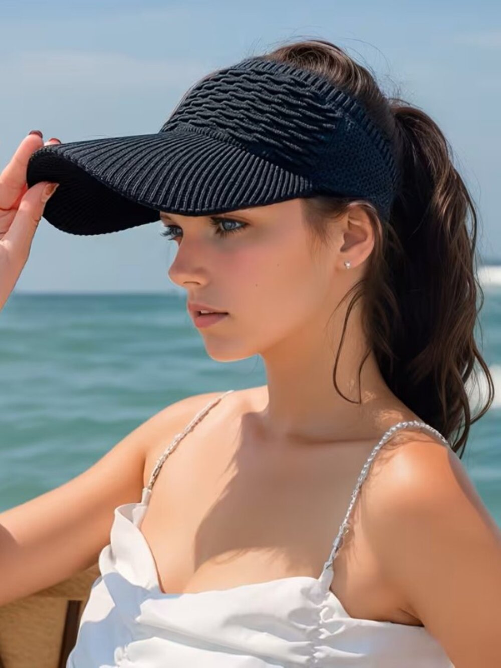 Black Women Sun Visor Hat Wide Brim Ponytail Beach Golf Tennis Outdoor Cap